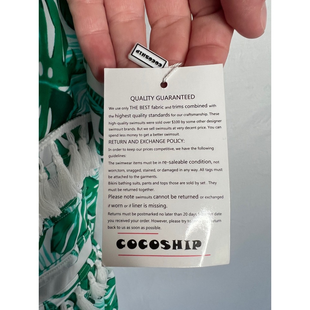 NWT Cocoship Green White Tropical Palm Print Halter Tassels Swimsuit Size 16 - Picture 4 of 10
